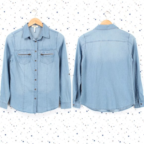 Tops - Chambray Denim Shirt Button Up Light Blue